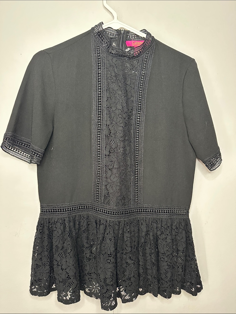 Black Lace Panel Short Sleeve Peplum Top size S